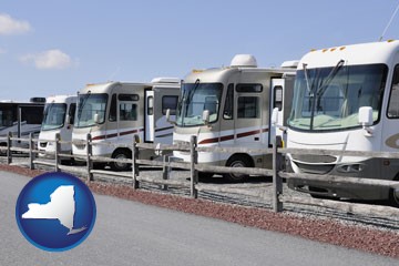 recreational vehicles at an rv dealer parking lot - with New York icon