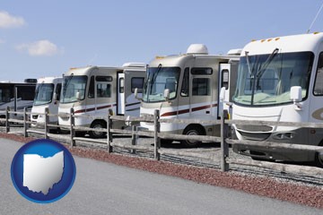 recreational vehicles at an rv dealer parking lot - with Ohio icon