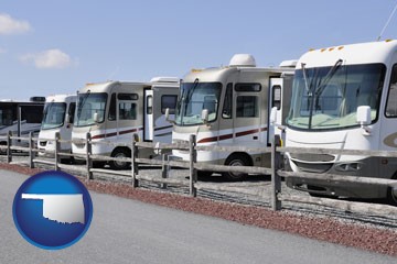 recreational vehicles at an rv dealer parking lot - with Oklahoma icon