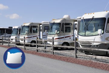 recreational vehicles at an rv dealer parking lot - with Oregon icon