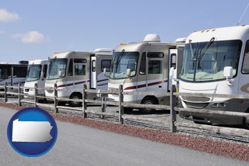 recreational vehicles at an rv dealer parking lot - with Pennsylvania icon
