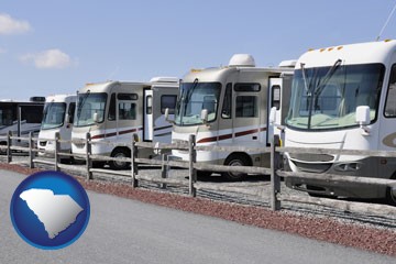 recreational vehicles at an rv dealer parking lot - with South Carolina icon
