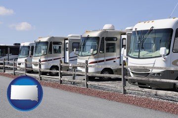 recreational vehicles at an rv dealer parking lot - with South Dakota icon