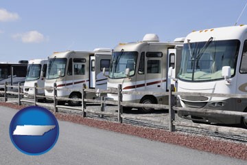 recreational vehicles at an rv dealer parking lot - with Tennessee icon