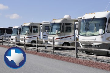 recreational vehicles at an rv dealer parking lot - with Texas icon