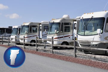 recreational vehicles at an rv dealer parking lot - with Vermont icon