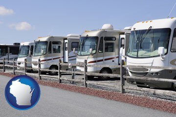 recreational vehicles at an rv dealer parking lot - with Wisconsin icon