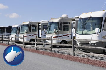 recreational vehicles at an rv dealer parking lot - with West Virginia icon