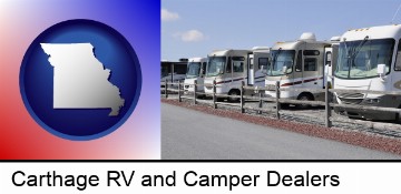 recreational vehicles at an rv dealer parking lot in Carthage, MO