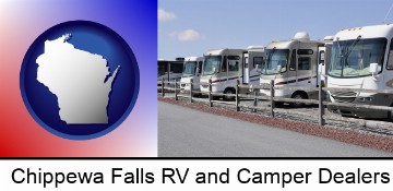 recreational vehicles at an rv dealer parking lot in Chippewa Falls, WI