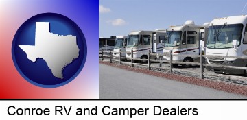 recreational vehicles at an rv dealer parking lot in Conroe, TX