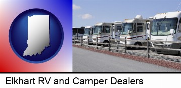 recreational vehicles at an rv dealer parking lot in Elkhart, IN