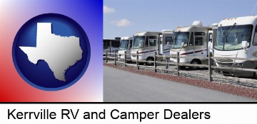 recreational vehicles at an rv dealer parking lot in Kerrville, TX