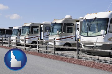 recreational vehicles at an rv dealer parking lot - with Idaho icon